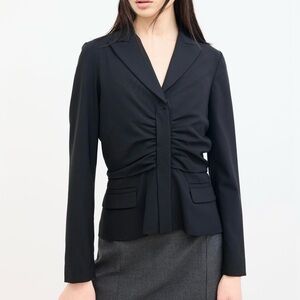 WORTH Black Wool-Blend Gathered Ruched Blazer Shirt Women’s Size Medium